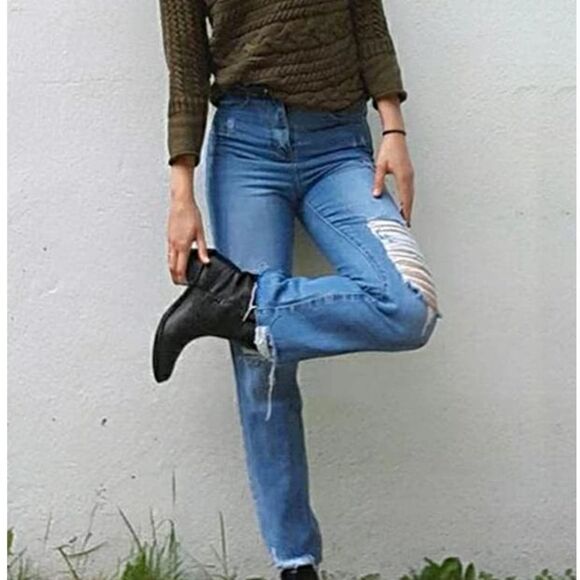 HDLTE Women Ripped Jeans Distressed Boyfriends Jeans Frayed Ankle Skinny Denim - Picture 5 of 10